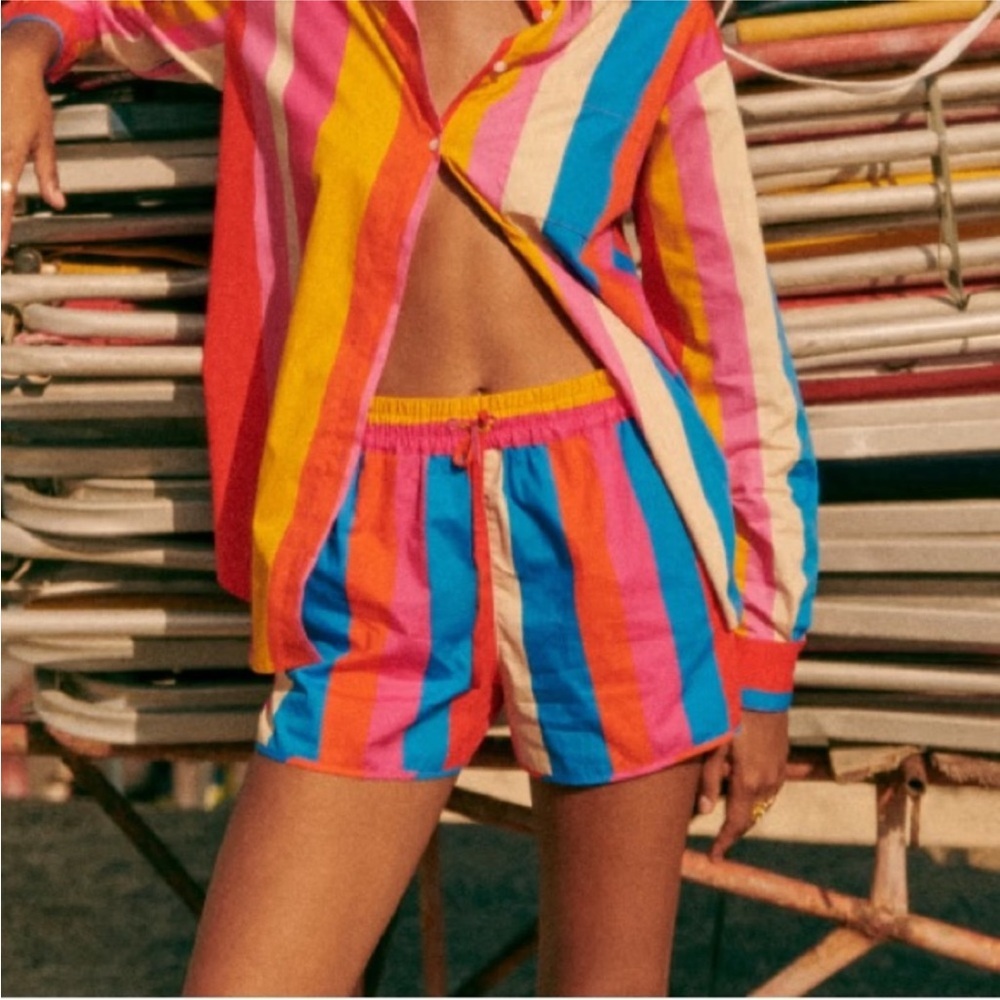Sezane Farm Rio Kurt Shorts Striped Listra Carioca Yellow Red Pink Size 34 Xs